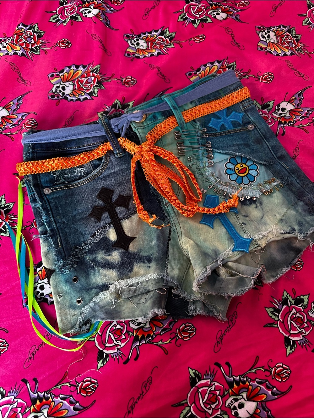 Embellished Tie-Dye Denim Cutoff Shorts with Orange Trim